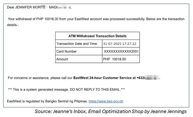 an email from eastwest bank that begins ‘dear jennifer’ with middle and last names starting with ms about an atm withdrawal transaction.
